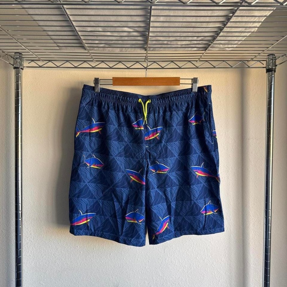 Wonder Nation Navy Neon Shark Wave Print Board Shorts Y2K Surf Skater XL 14-16